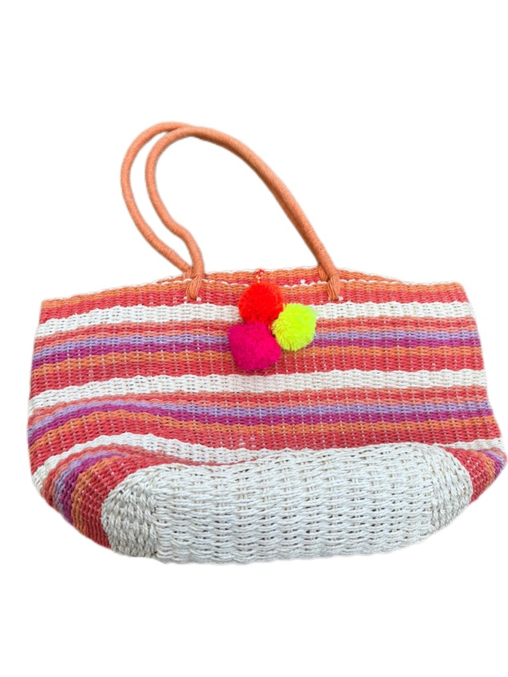 Old Navy Coral, White & Pink Striped Straw Tote with Neon Pom Poms